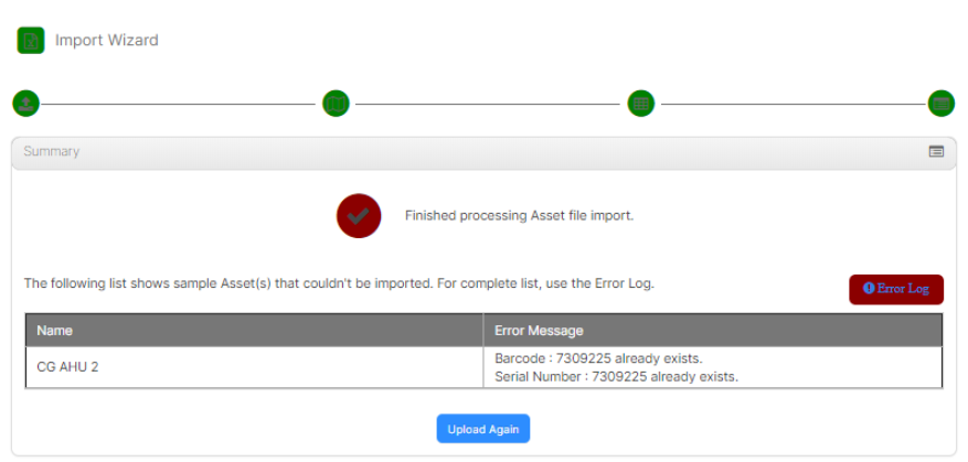 Import wizard finish report showing errors.
